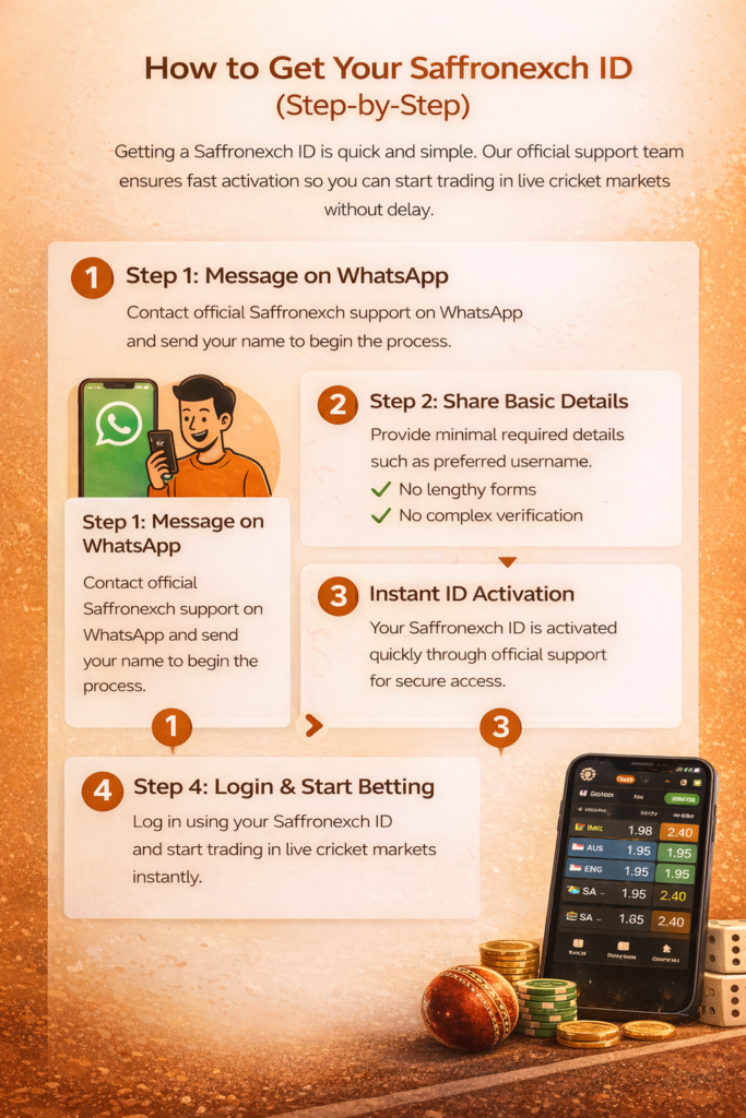 Saffron Exchange How to get Saffronexch ID step by step illustration showing WhatsApp contact, instant ID activation and live cricket betting login