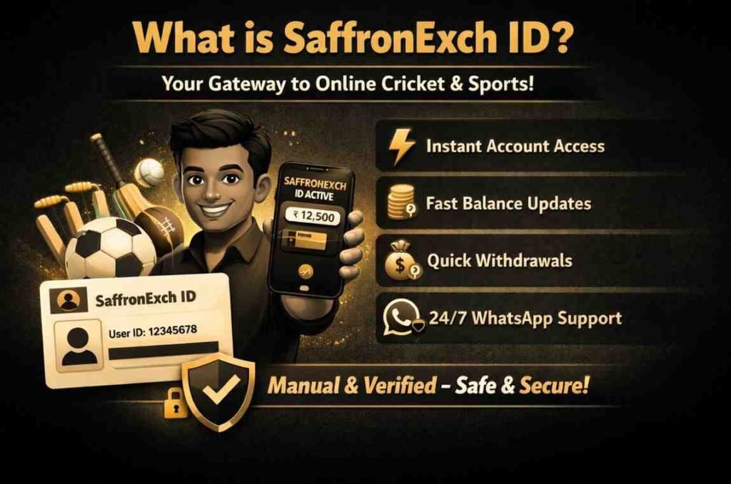 What is SaffronExch ID infographic explaining instant access, fast balance updates and quick withdrawals