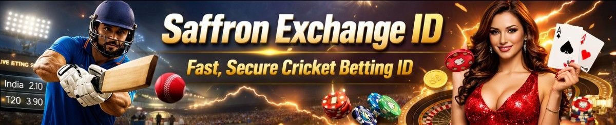 Saffron Exchange ID hero banner showing instant cricket betting ID with cricketer, casino model and fast secure online betting platform