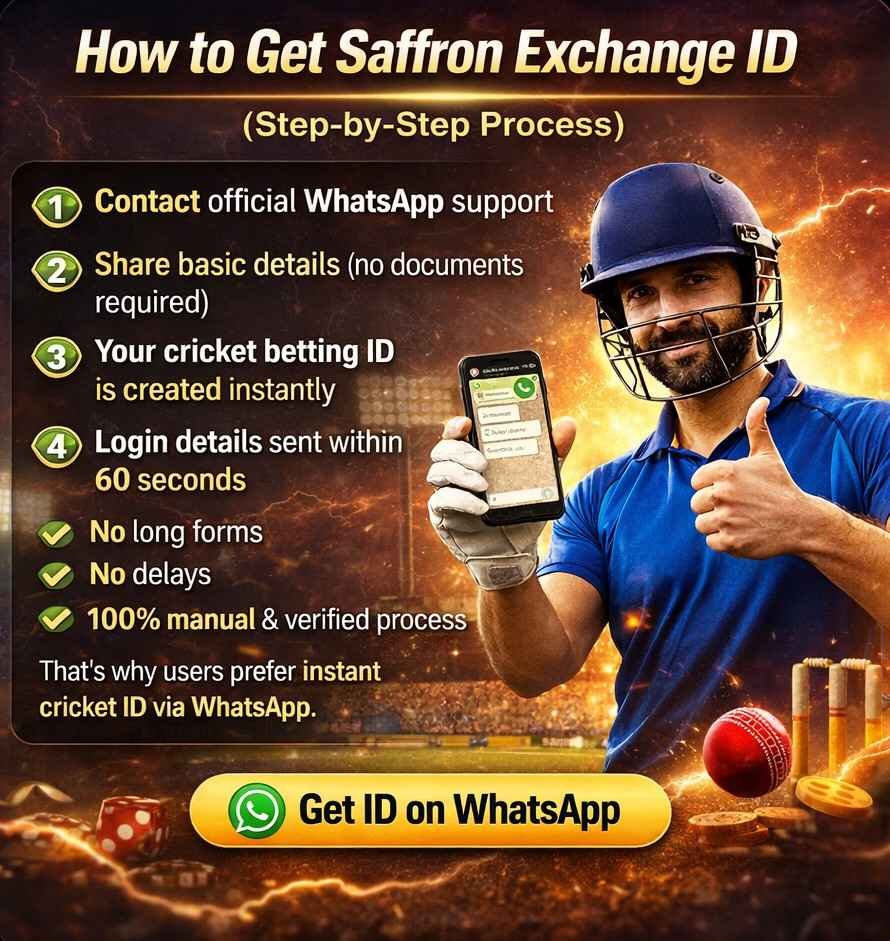 How to get Saffron Exchange ID image showing step-by-step cricket betting ID creation via WhatsApp with instant login and verified process