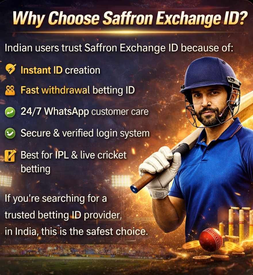 Why choose Saffron Exchange ID image showing trusted cricket betting ID in India with instant ID creation, fast withdrawals, 24/7 WhatsApp support and secure login