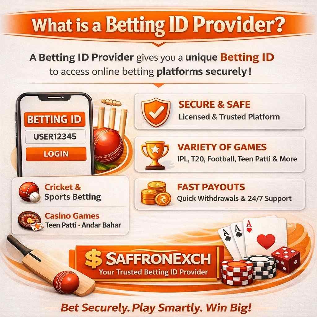 What is a Betting ID Provider – SaffronExch square image explaining betting ID, secure online betting, cricket betting, casino games, fast payouts and trusted betting ID provider