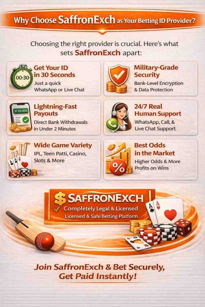 Why choose SaffronExch as your betting ID provider – vertical infographic showing 30-second ID creation, military-grade security, 24/7 human support, lightning-fast payouts, wide game variety, best odds, and a completely legal licensed betting platform