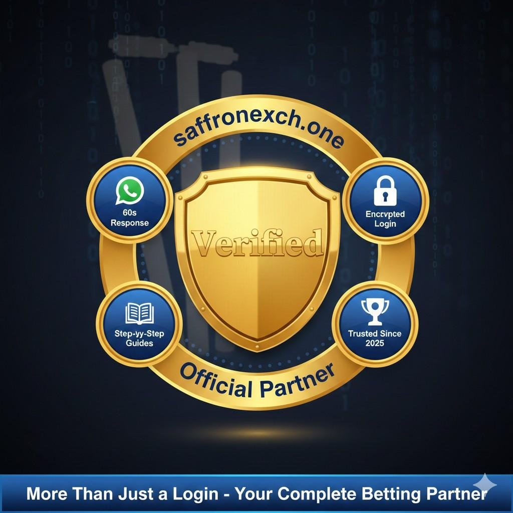 SaffronExch.one brand trust badge with verified security, 24/7 WhatsApp support, encrypted login and detailed guides
