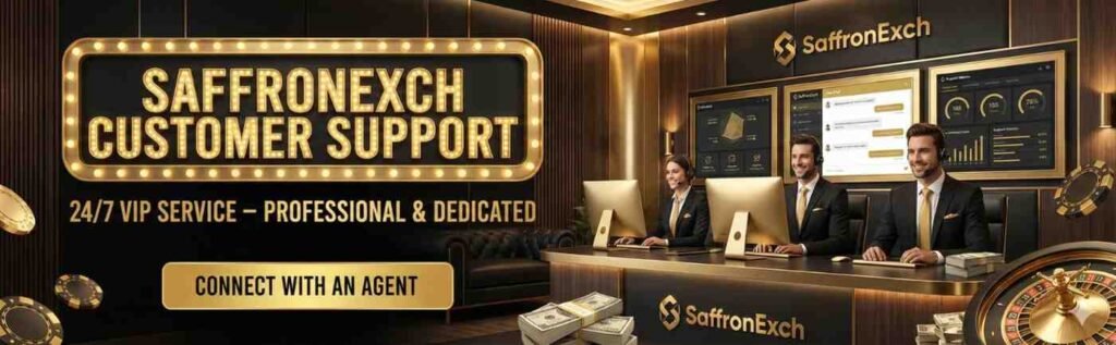 SaffronExch customer care banner showing official 24/7 WhatsApp support for instant help