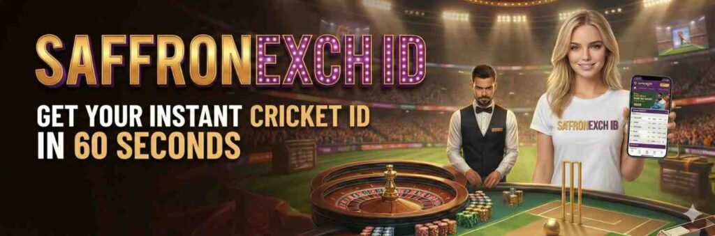 SaffronExch ID banner showing instant cricket ID creation in 60 seconds with WhatsApp support