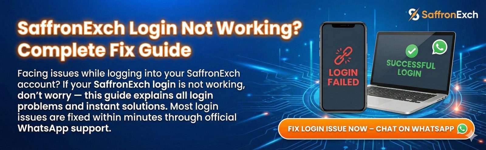SaffronExch login not working banner showing instant fix via WhatsApp support