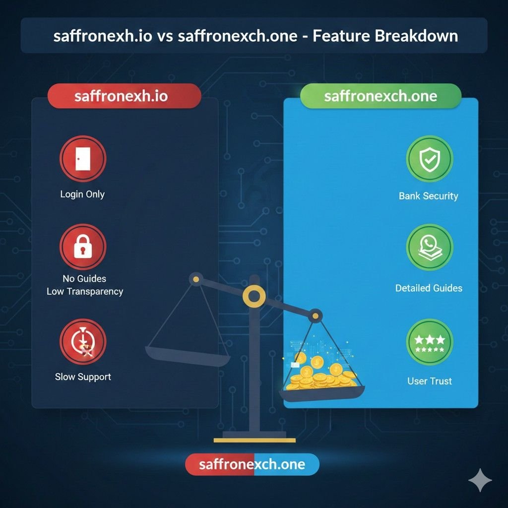 SaffronExch.io vs SaffronExch.one feature comparison infographic showing security, support, guides and transparency differences