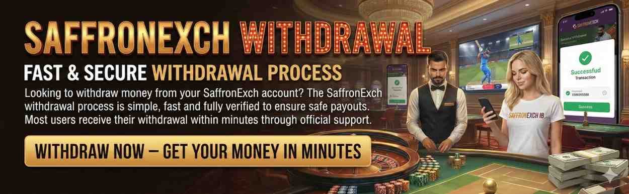 SaffronExch withdrawal banner showing instant and secure withdrawals with WhatsApp support