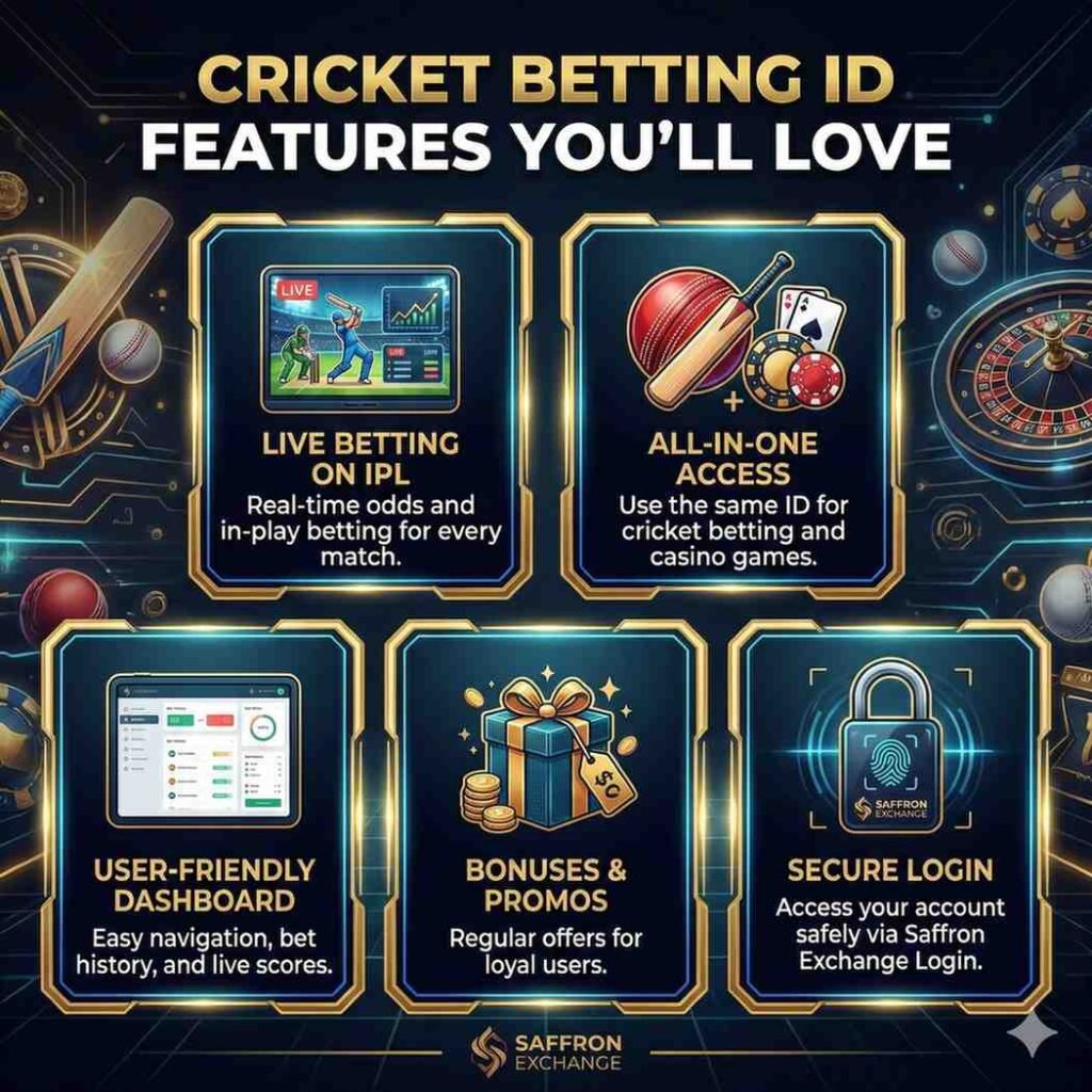 Key features of a Cricket Betting ID: Live IPL betting, all-in-one access, user-friendly dashboard, bonuses, and secure login