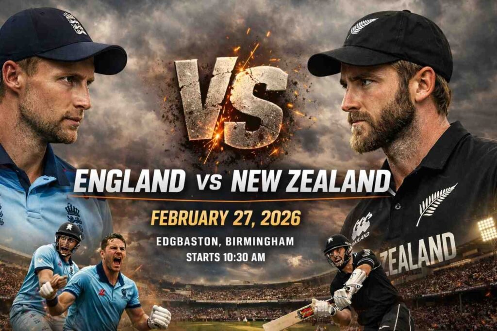 England vs New Zealand 27 February 2026 aggressive 4K horizontal strip poster featuring intense captain face-off with bold VS text, stadium background, match details at Edgbaston Birmingham.