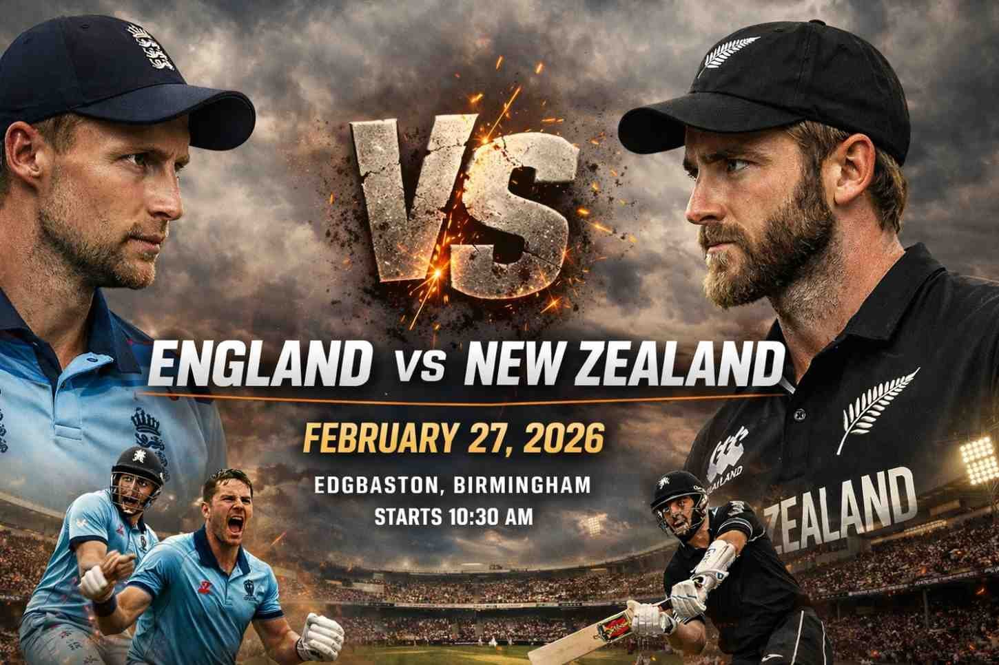 England vs New Zealand 27 February 2026 aggressive 4K horizontal strip poster featuring intense captain face-off with bold VS text, stadium background, match details at Edgbaston Birmingham.