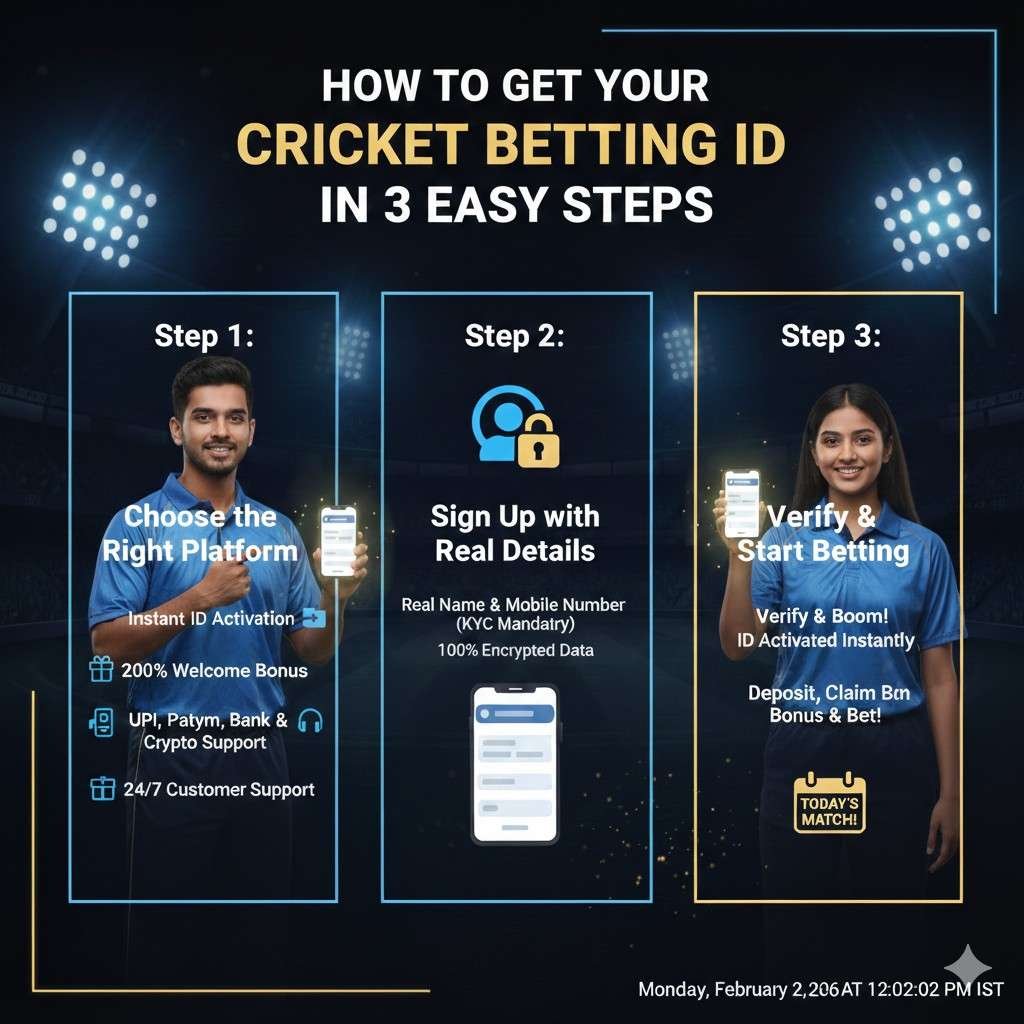 Infographic showing 3 easy steps to get a cricket betting ID in 2026, featuring Indian models inside blue neon boxes explaining platform choice, registration with real details, and instant activation.