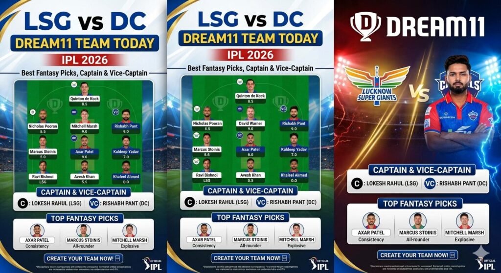 LSG vs DC Dream11 Team Today: Best Fantasy Picks, Captain & Vice-Captain for IPL 2026
