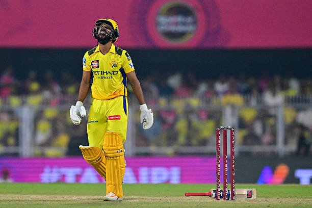 OPSHOT - Chennai Super Kings' captain Ruturaj Gaikwad reacts after he was hit by the ball during the Indian Premier League