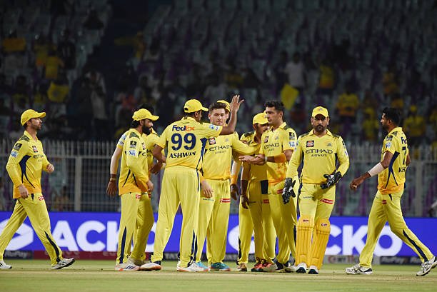 Anshul Kamboj of Chennai Super Kings celebrates the wicket of Rahmanullah Gurbaz of Kolkata Knight Riders with teammates during the Indian Premier League