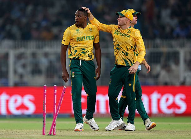 KOLKATA, INDIA - MARCH 04: Kagiso Rabada of South Africa celebrates with teammates after taking the wicket of Tim Seifert of New Zealand during the ICC Men's T20 World Cup India & Sri Lanka 2026 Semi-Final match between South Africa and New Zealand at Eden Gardens on March 04, 2026 in Kolkata, India.