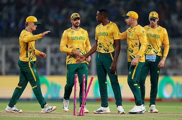 KOLKATA, INDIA - MARCH 04: Kagiso Rabada of South Africa celebrates with teammates after taking the wicket of Tim Seifert of New Zealand during the ICC Men's T20 World Cup India & Sri Lanka 2026 Semi-Final match between South Africa and New Zealand at Eden Gardens on March 04, 2026 in Kolkata, India, NZ vs SA Betting .