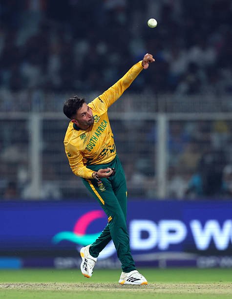 KOLKATA, INDIA - MARCH 04: Keshav Maharaj of South Africa bowls during the ICC Men's T20 World Cup India & Sri Lanka 2026 Semi-Final match between South Africa and New Zealand at Eden Gardens on March 04, 2026 in Kolkata, India.