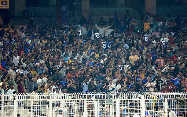 KOLKATA, INDIA - MARCH 04: Fans show their support during the ICC Men's T20 World Cup India & Sri Lanka 2026 Semi-Final match between South Africa and New Zealand at Eden Gardens on March 04, 2026 in Kolkata, India.