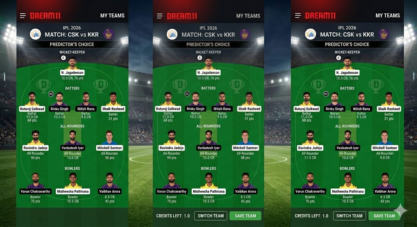 CSK vs KKR Dream11 Team – Win 3 Crore in IPL 2026 Fantasy League