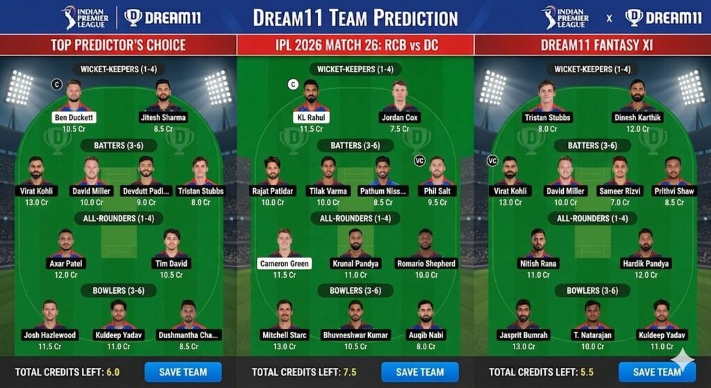 RCB vs DC Dream11 Team Prediction – IPL 2026 Match 26