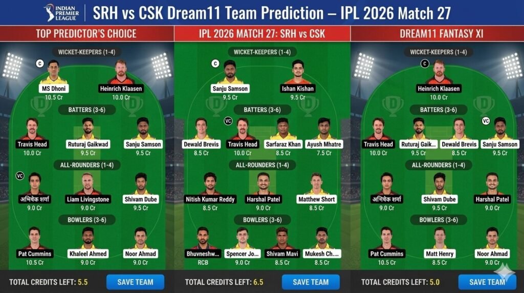 SRH vs CSK Dream11 Team Prediction – IPL 2026 Match 27