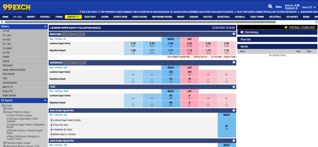 LSG vs RR Bet on 99exch – IPL Betting ID 2026